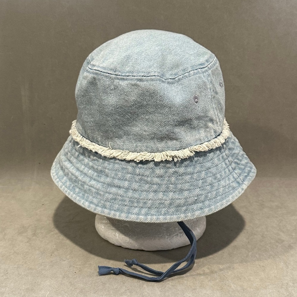 Universal Thread Light Wash Denim Bucket Hat Fringe Trim Chin Strap Blue Cotton